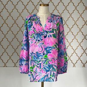 Lilly Pulitzer NWT Silk Elsa Top Gecko Green Tiger Sunrise Print. Small. New.